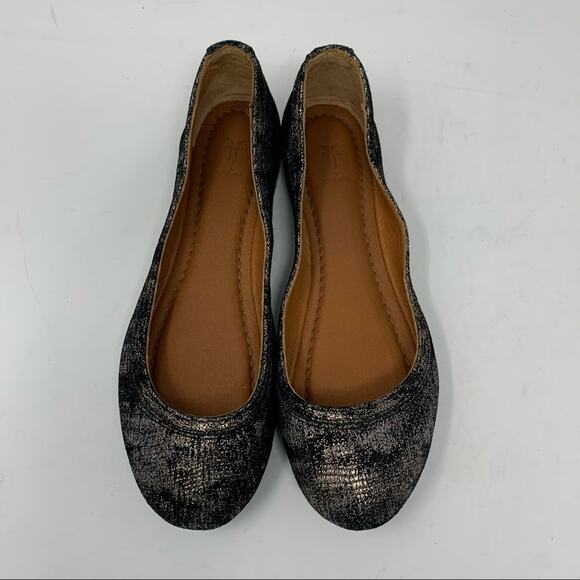 Frye Carson 6 Black Gold Crackle Ballet Flats NWOB - Picture 2 of 8